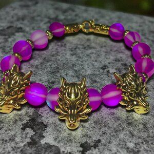NEW Cerberus Triple Wolf Bracelet With Purple Beads. Handmade Greek myth jewelry
